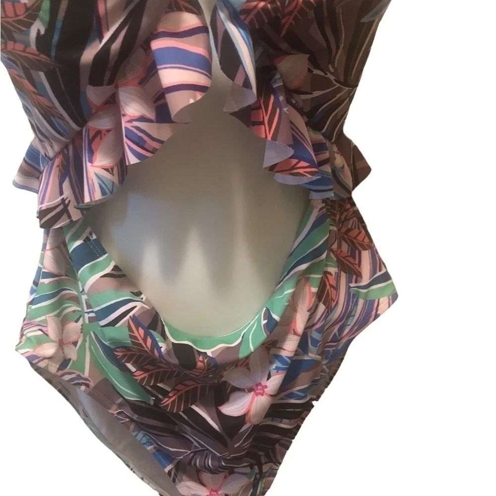 Hurley Floral Cut Out One Piece Swimsuit XL Ruffled Lace Up Back Coconuts